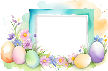Naklejka na ściany i meble Watercolor illustration of an Easter banner with a frame with copy space in the middle. Painted eggs and flowers on a light background.