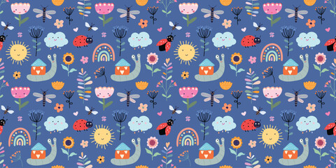 Childish seamless pattern with snails, ladybirds and rainbows, decorative wallpaper, spring summer design, kids ornamental backgrounds