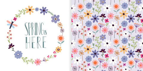 Spring is here set with seamless pattern and greeting card, floral seasonal design