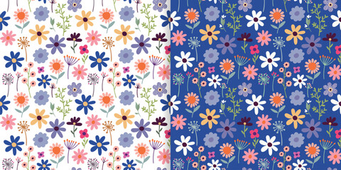 Floral seamless patterns set with different flowers in bloom, decorative wallpaper, seasonal background - obrazy, fototapety, plakaty