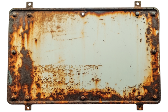 Old rusty metal sign with blank space isolated on transparent or white background, png