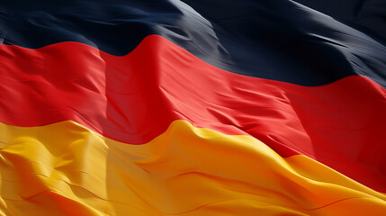 Fototapeta premium A vibrant German flag, with hues of carmine and maroon, proudly waves in the wind, symbolizing passion, power, and patriotism