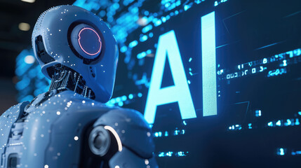 Robot with letters "AI". Artificial intelligence, modern technology concept