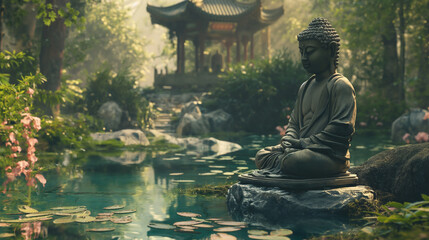 A serene buddha presides over a tranquil garden, surrounded by lush trees and plants, with a peaceful lake and temple in the background