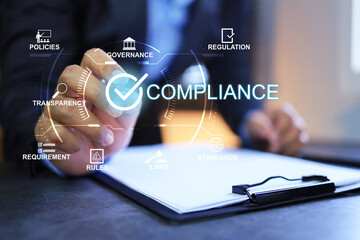 Compliance concept with businessman tick checkmark to applied standard and regulation for export...