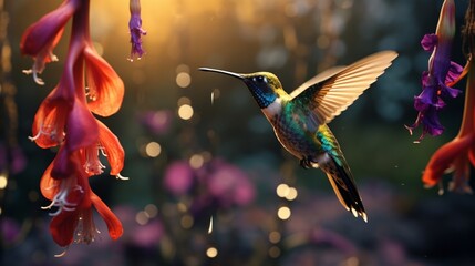 In a backyard in Costa Rica, a fiery-throated hummingbird is seen in slow motion feeding on a foxglove flower. - obrazy, fototapety, plakaty