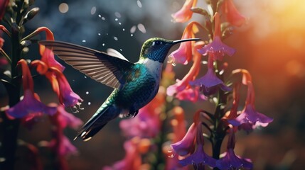 In a backyard in Costa Rica, a fiery-throated hummingbird is seen in slow motion feeding on a foxglove flower.