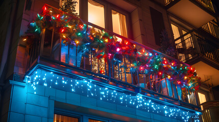 Festive balcony decoration, Christmas lights in residential building
