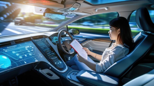 Relaxed passenger Reading and Enjoying Autonomous Car Ride in City