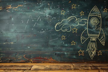 flying space rocket and stars drawn with chalk on a chalkboard