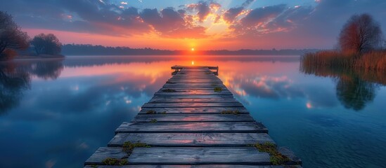 Naklejka premium wooden pier overlooking the lake at sunset