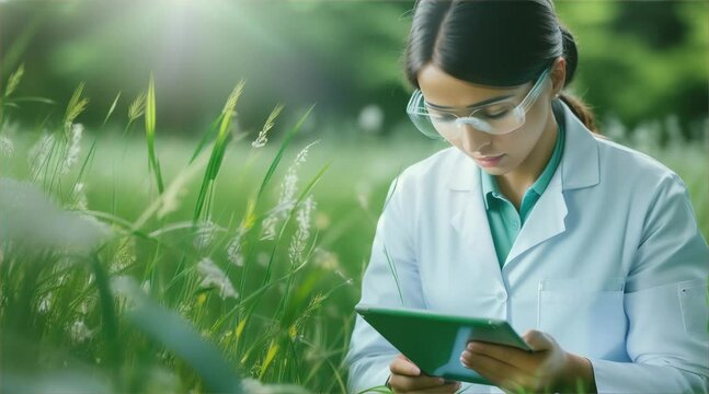female scientist in a lab coat uses a tablet to study plants