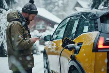 Man charging electric car during cold snowy day, using electric vehicle charging app and checking battery life. - Powered by Adobe