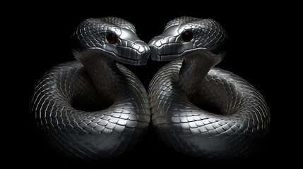 a 3d render of a silver render of two cobra's intertwined sticking their tongue outs, on a black background created with Generative AI