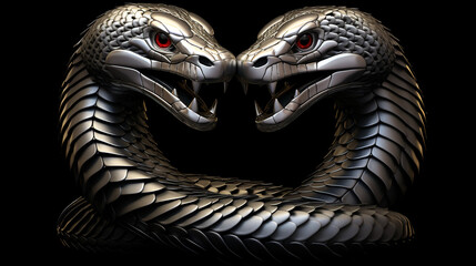 Obraz premium a 3d render of a silver render of two cobra's intertwined sticking their tongue outs, on a black background created with Generative AI