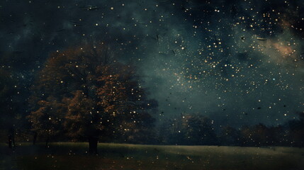 Surreal and Dreamlike Ambiance in Ambrotype Style. Confetti-like Dots Illuminate Dark Green and Amber Night Skies, Conjuring Atmospheric Woodland Imagery in Fine Art Photography, reminiscent of Class