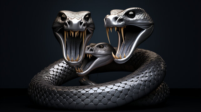 a 3d render of a silver render of two cobra's intertwined sticking their tongue outs, on a black background created with Generative AI