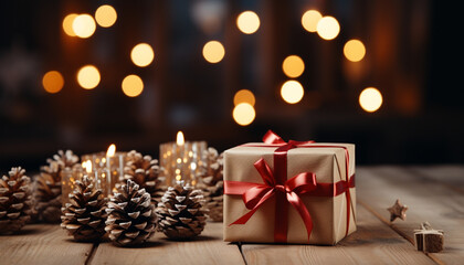 Fototapeta na wymiar Christmas celebration gift box, candlelight, glowing decoration, winter background generated by AI