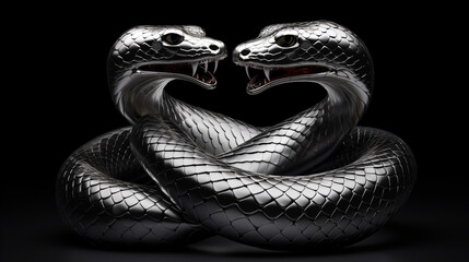a 3d render of a silver render of two cobra's intertwined sticking their tongue outs, on a black background created with Generative AI