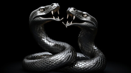 Fototapeta premium a 3d render of a silver render of two cobra's intertwined sticking their tongue outs, on a black background created with Generative AI