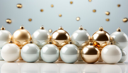 Christmas ornaments in gold, shiny spheres decorate the winter background generated by AI