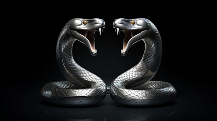 a 3d render of a silver render of two cobra's intertwined sticking their tongue outs, on a black background created with Generative AI