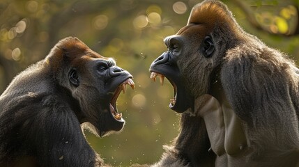 Closeup portrait of two male gorilla silverbacks having an agressive fight - obrazy, fototapety, plakaty
