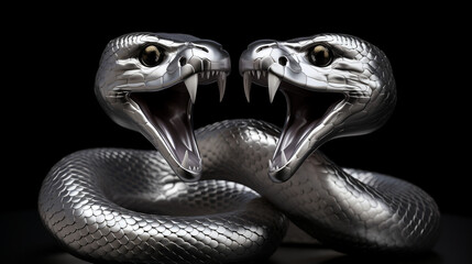 Fototapeta premium a 3d render of a silver render of two cobra's intertwined sticking their tongue outs, on a black background created with Generative AI
