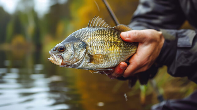fisherman caught bream, fishing, close-up, fish, lake, river, scales, carp, nature, fins, tail, man, hobby, hand holding perch, water, forest