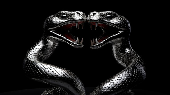 a 3d render of a silver render of two cobra's intertwined sticking their tongue outs, on a black background created with Generative AI