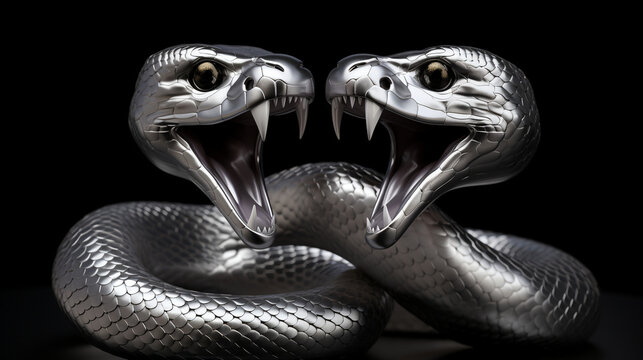 a 3d render of a silver render of two cobra's intertwined sticking their tongue outs, on a black background created with Generative AI