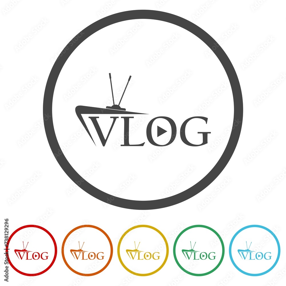 Poster creative logo for video vlog or channel. set icons in color circle buttons