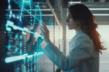 Woman scientist touching on digital screen