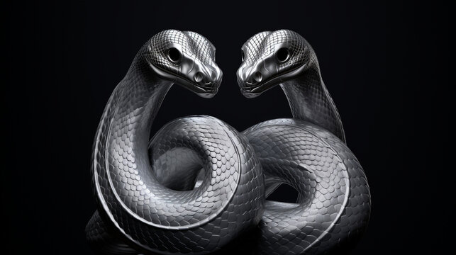 a 3d render of a silver render of two cobra's intertwined sticking their tongue outs, on a black background created with Generative AI