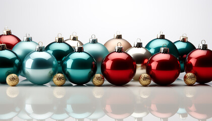 Christmas ornament decoration, winter celebration, shiny sphere reflection, gold gift generated by AI