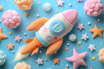 closeup soft plush toy space rocket and stars in pastel colors on blue background