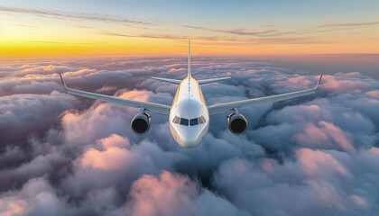 closeup front view commercial air plane flying over clouds at sunset