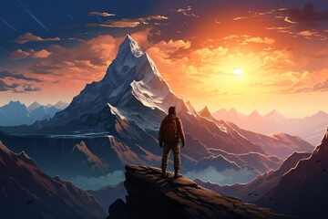 a man standing on a cliff looking at a mountain range - Powered by Adobe