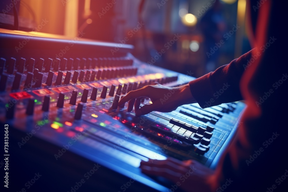 Poster sound engineer's hands adjusting levels on an audio mixer in a music studio.