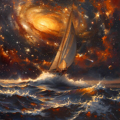 Navigating Through a Cosmic Ocean - Surreal Space and Sailing Adventure