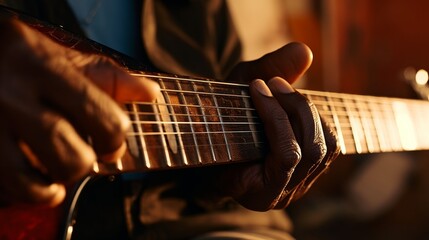 Guitarist skilled hands caught in motion on an electric guitar during a soulful solo.