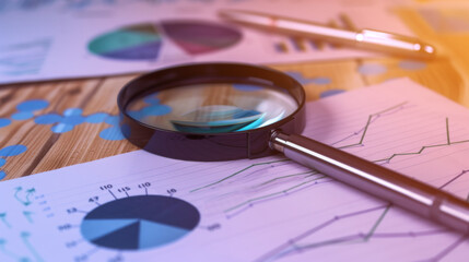 magnifying glass over various types of colorful business charts and graphs on paper, suggesting data analysis or financial examination.