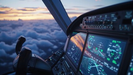 view of an aero taxi's cockpit, with an AI pilot navigating through a cloud-filled sky, highlighting innovation in autonomous flight - obrazy, fototapety, plakaty