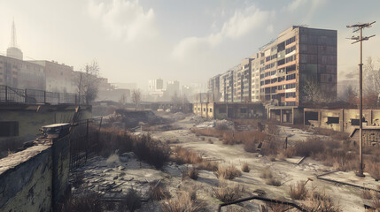 Fototapeta premium Post-apocalyptic cityscape, desolate and destroyed urban area