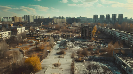 Post-apocalyptic cityscape, desolate and destroyed urban area