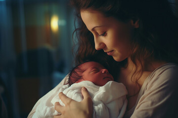 Photo of loving mum caring and holding sleeping infant newborn baby on hands generative ai
