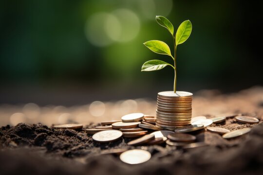 A plant growing from coins, depicting the concept of savings and investment growth.