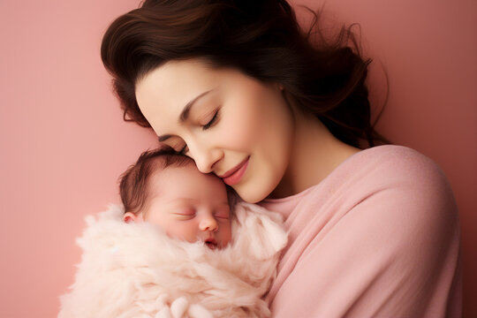 Photo of loving mum caring and holding sleeping infant newborn baby on hands generative ai