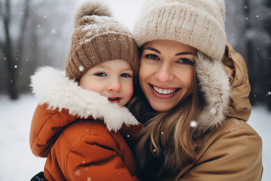 AI generated picture of mum and child walk together on a snowy street new year magic time outdoors