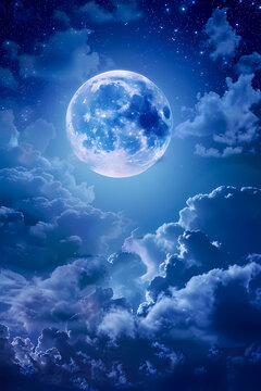 clouds and full moon in the night sky, magic illustration for kids books.